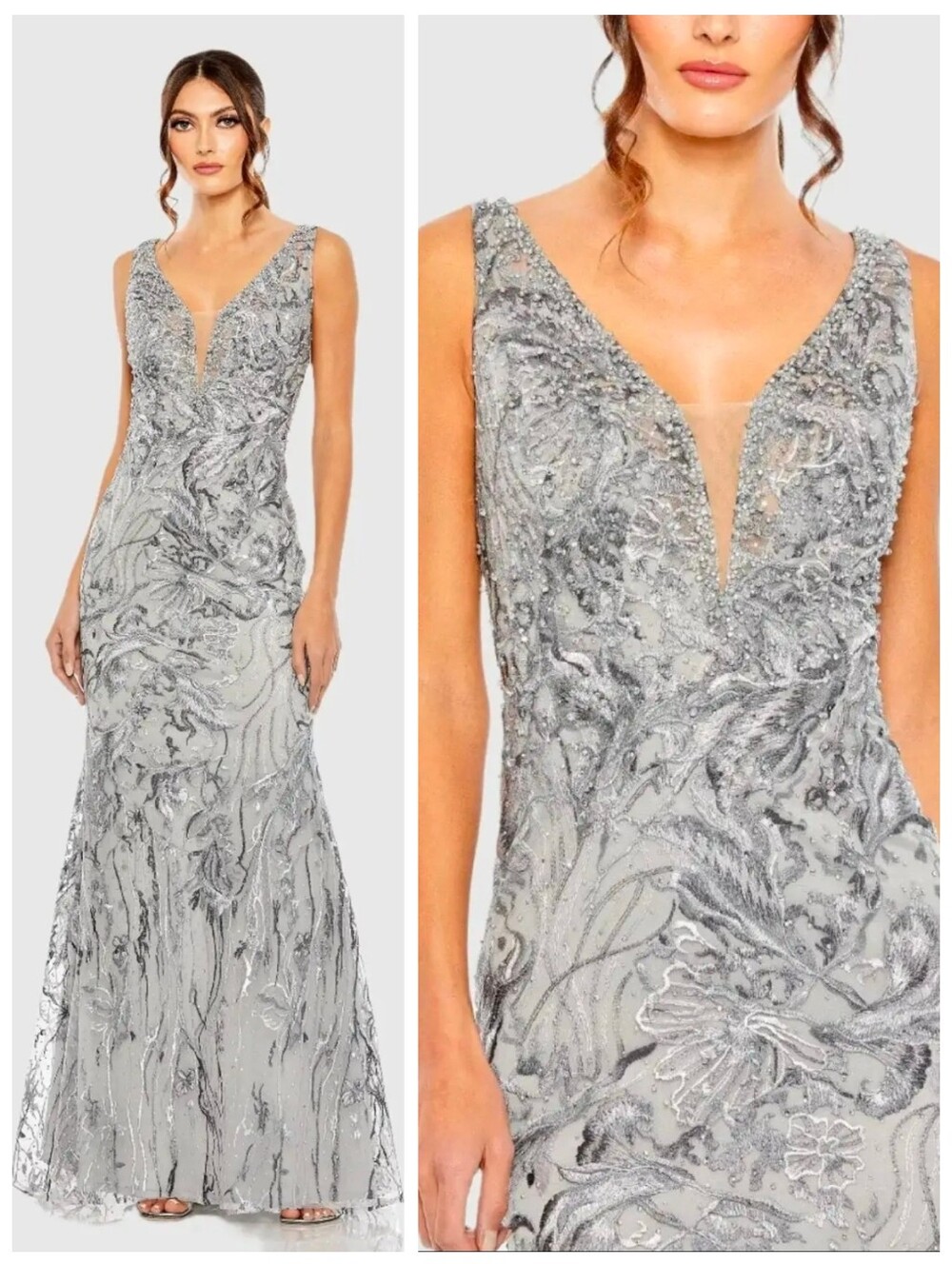 Mac Duggal 20484 Formal Gray Purple Beaded Gown Embroidered Maxi Dress 6